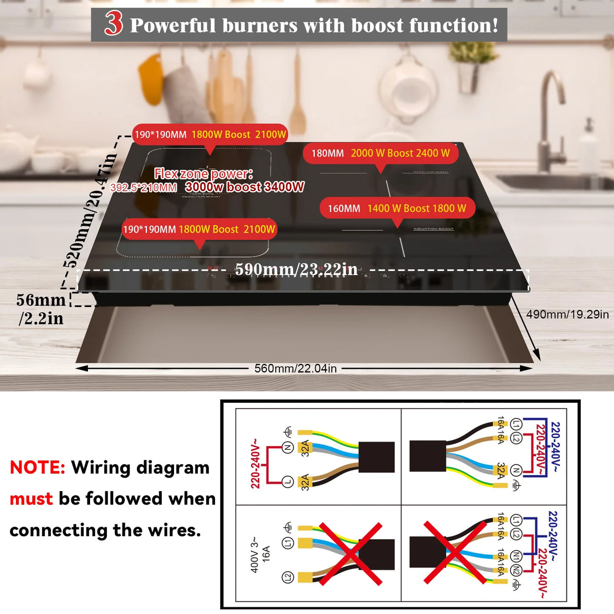 Piano Cottura a Induzione da Incasso 4 Fuochi – Karinear FlexZone 7200W con Timer e Funzione Boost