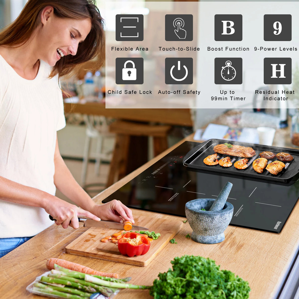 Piano Cottura a Induzione da Incasso 4 Fuochi – Karinear FlexZone 7200W con Timer e Funzione Boost