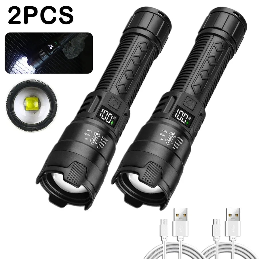 Torcia LED Tattica 2000LM – Zoom, Ricarica USB-C e Display Digitale | Impermeabile per Campeggio e Outdoor