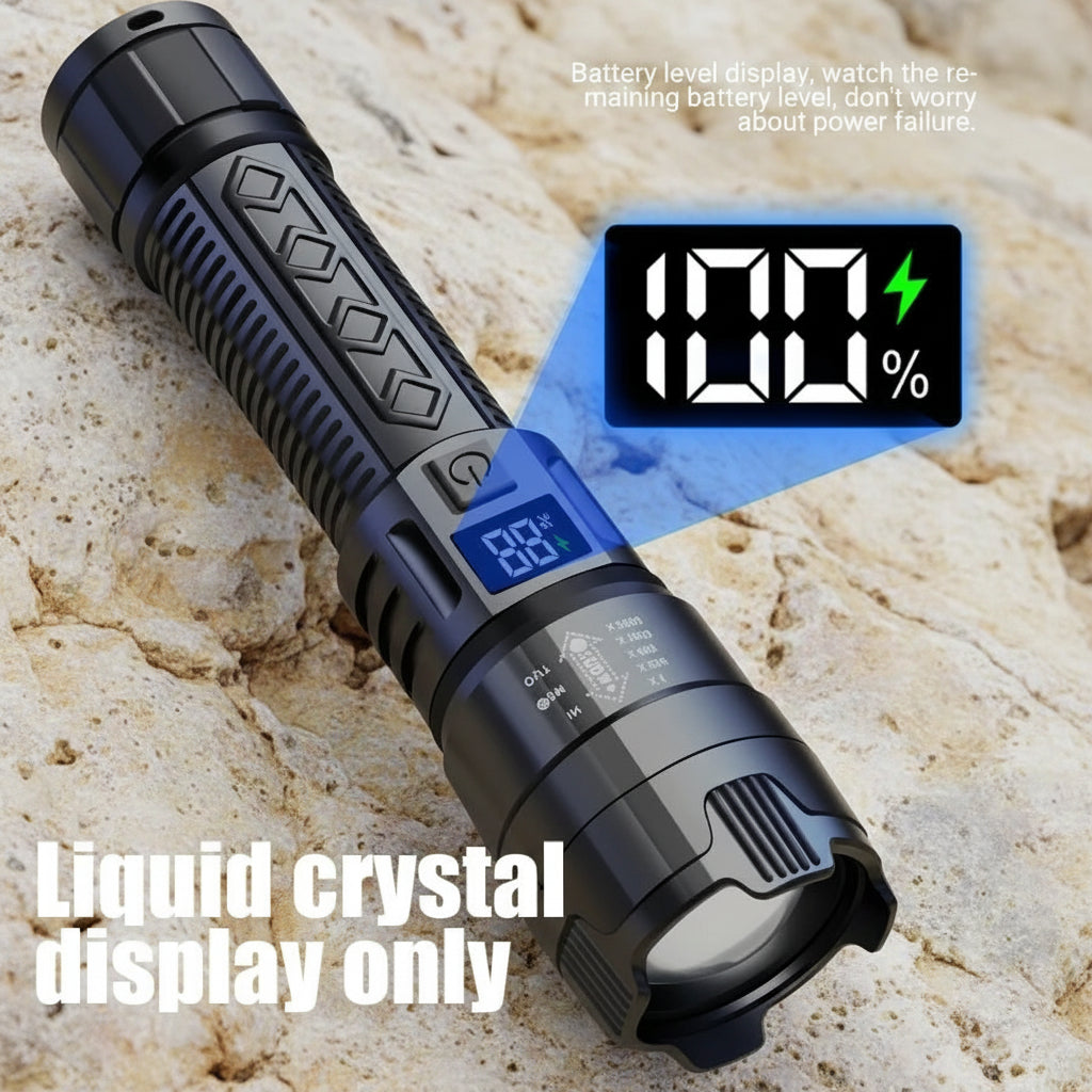 Torcia LED Tattica 2000LM – Zoom, Ricarica USB-C e Display Digitale | Impermeabile per Campeggio e Outdoor