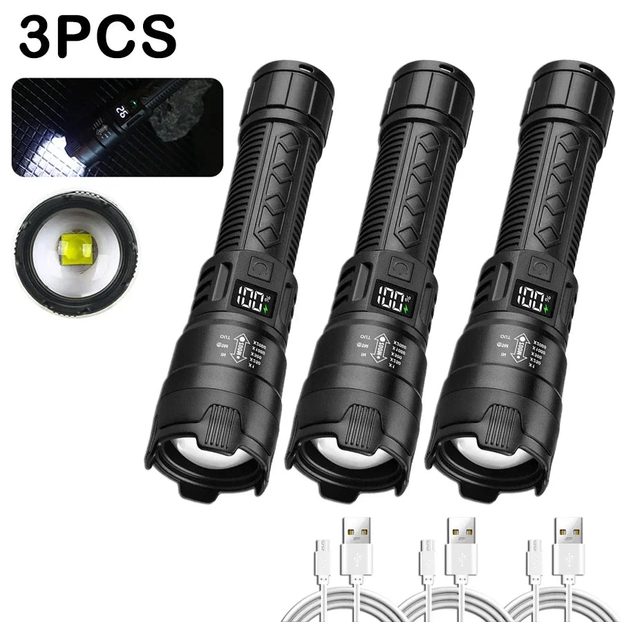 Torcia LED Tattica 2000LM – Zoom, Ricarica USB-C e Display Digitale | Impermeabile per Campeggio e Outdoor