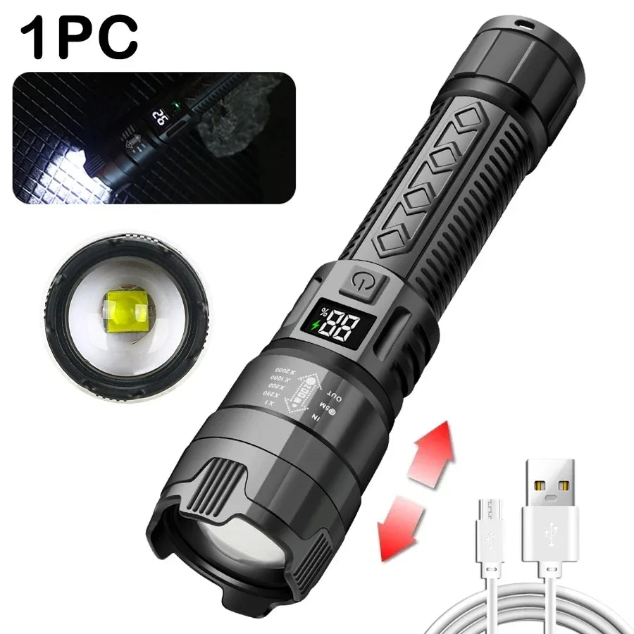 Torcia LED Tattica 2000LM – Zoom, Ricarica USB-C e Display Digitale | Impermeabile per Campeggio e Outdoor