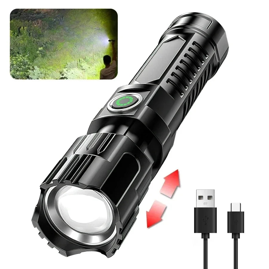 Torcia LED Tattica 2000LM – Zoom, Ricarica USB-C e Display Digitale | Impermeabile per Campeggio e Outdoor