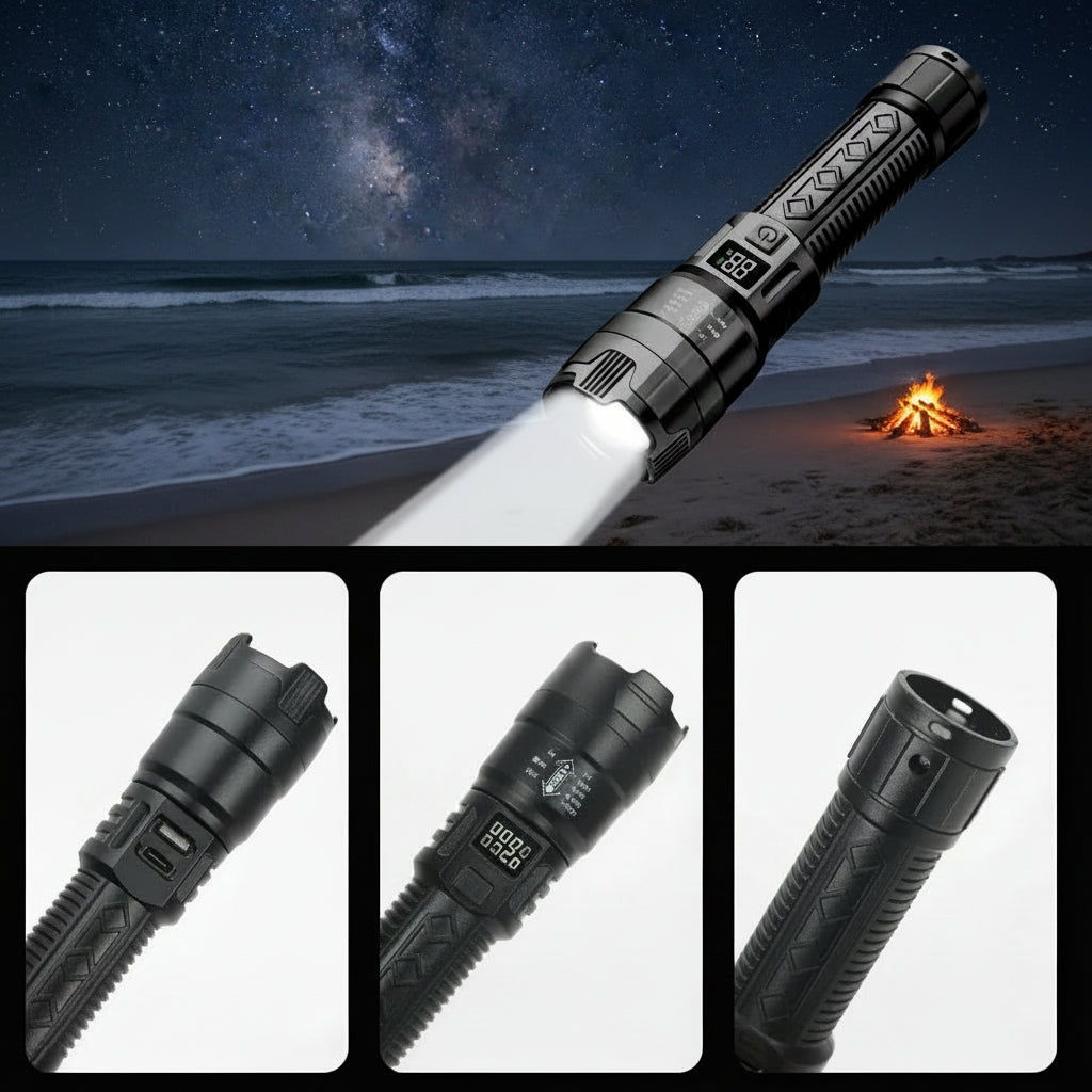 Torcia LED Tattica 2000LM – Zoom, Ricarica USB-C e Display Digitale | Impermeabile per Campeggio e Outdoor