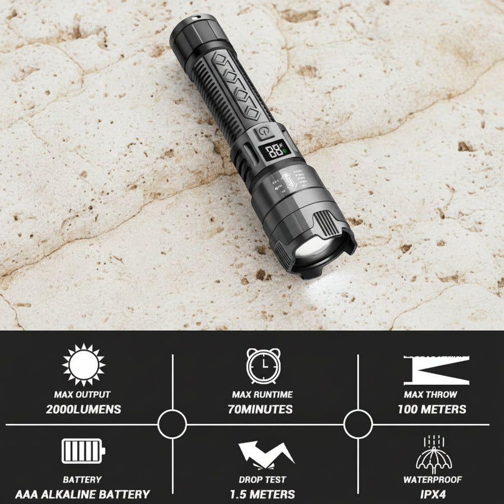 Torcia LED Tattica 2000LM – Zoom, Ricarica USB-C e Display Digitale | Impermeabile per Campeggio e Outdoor