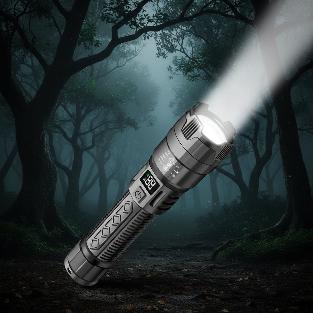Torcia LED Tattica 2000LM – Zoom, Ricarica USB-C e Display Digitale | Impermeabile per Campeggio e Outdoor