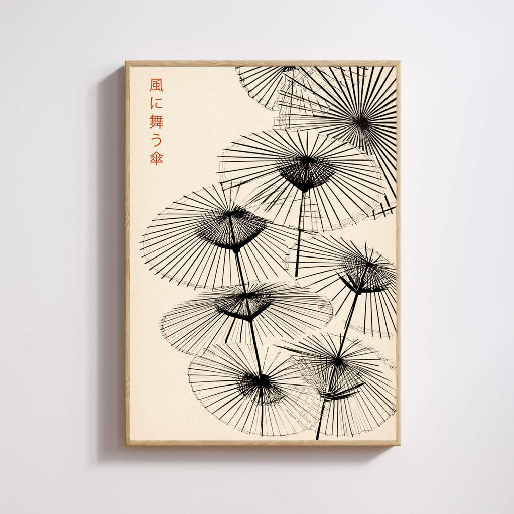 Affiche Japonaise – Parapluies Dansants au Vent | Poster Minimaliste Japonais | Illustration Zen et Poétique | Art Mural Japon Traditionnel-0