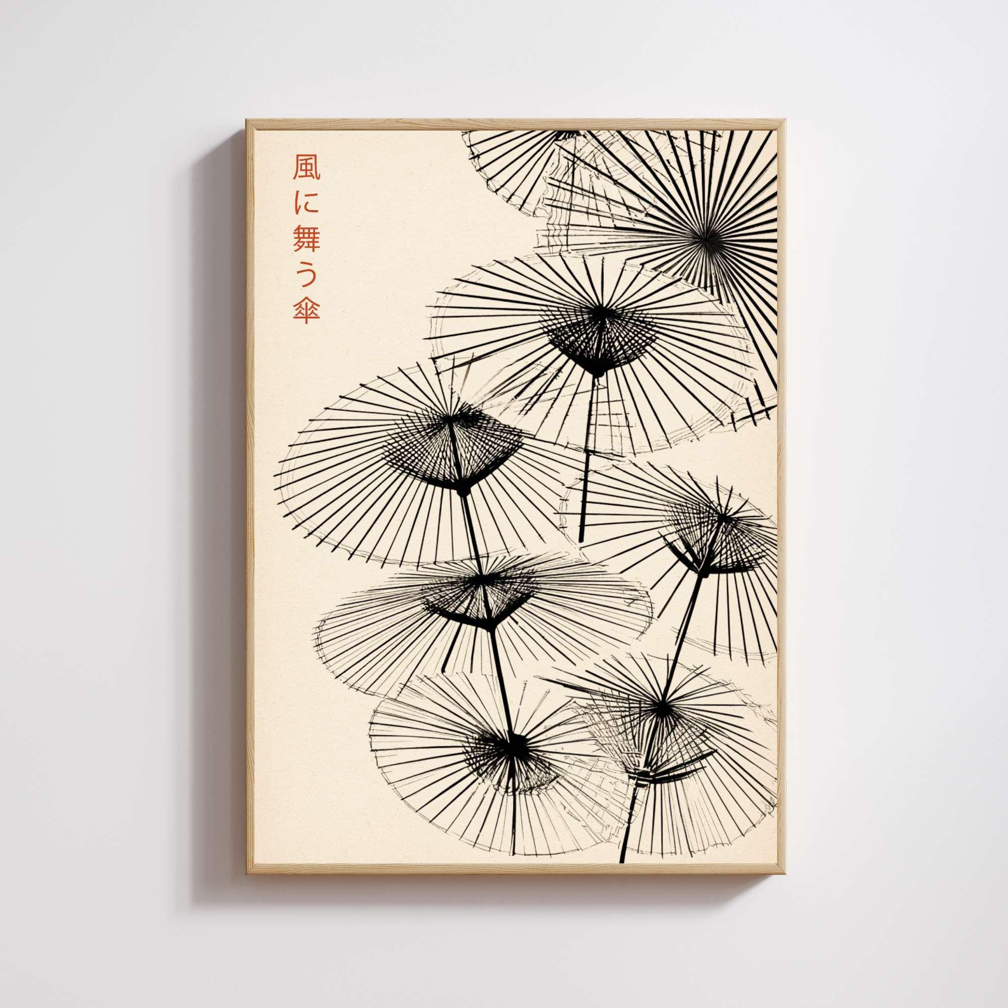 Affiche Japonaise – Parapluies Dansants au Vent | Poster Minimaliste Japonais | Illustration Zen et Poétique | Art Mural Japon Traditionnel-0