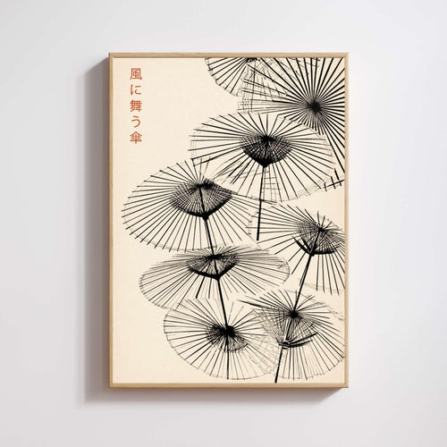 Affiche Japonaise – Parapluies Dansants au Vent | Poster Minimaliste Japonais | Illustration Zen et Poétique | Art Mural Japon Traditionnel-0