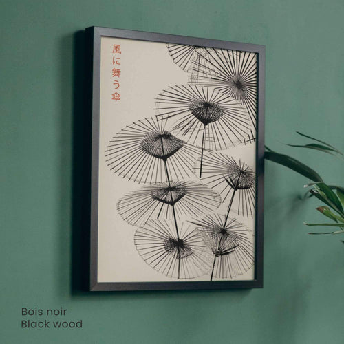 Affiche Japonaise – Parapluies Dansants au Vent | Poster Minimaliste Japonais | Illustration Zen et Poétique | Art Mural Japon Traditionnel-1