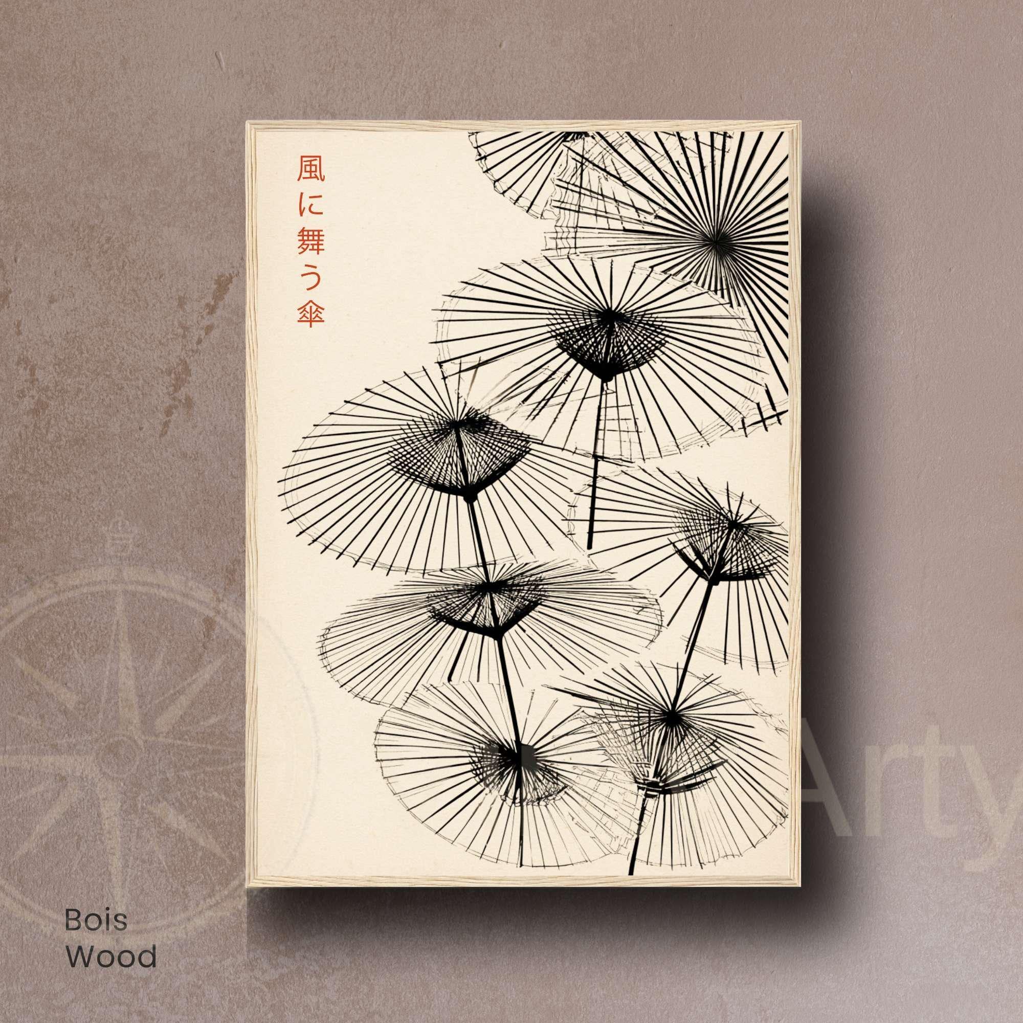 Affiche Japonaise – Parapluies Dansants au Vent | Poster Minimaliste Japonais | Illustration Zen et Poétique | Art Mural Japon Traditionnel-6