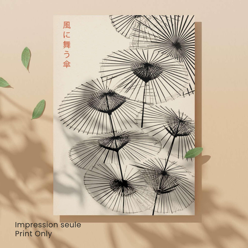 Affiche Japonaise – Parapluies Dansants au Vent | Poster Minimaliste Japonais | Illustration Zen et Poétique | Art Mural Japon Traditionnel-5
