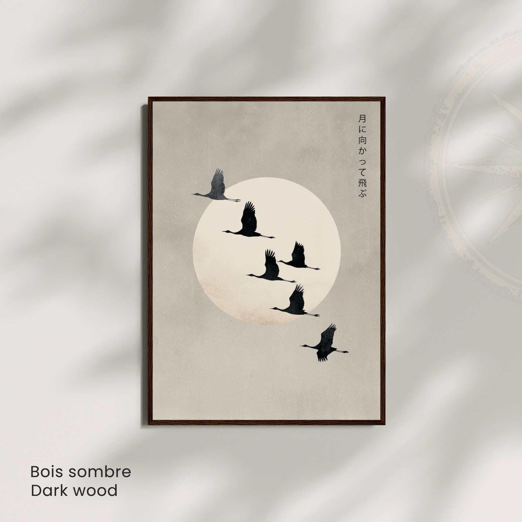 Affiche Japonaise – Voler vers la Lune | Poster Minimaliste Japonais | Art Zen et Poétique | Grues en Vol sous la Lune-2