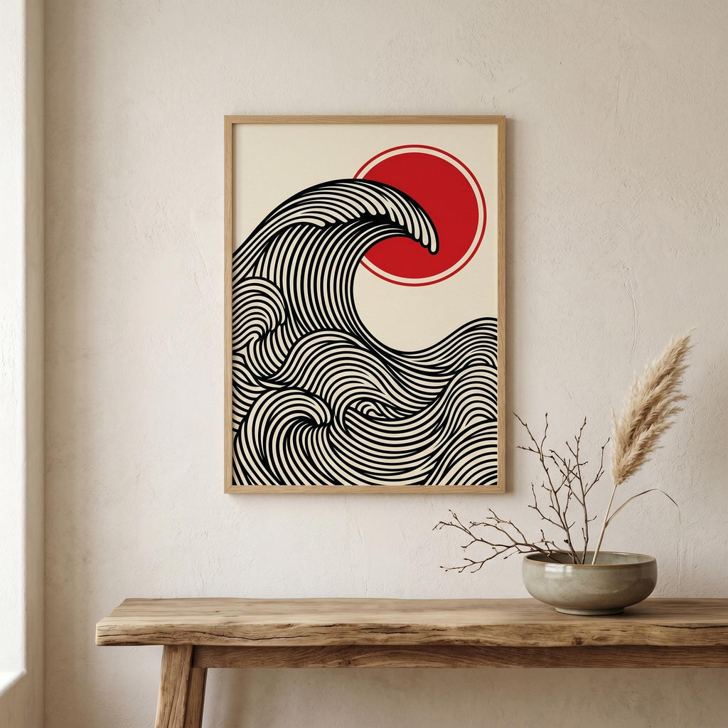 Affiche vague japonaise rouge et noir — art mural zen minimaliste-1