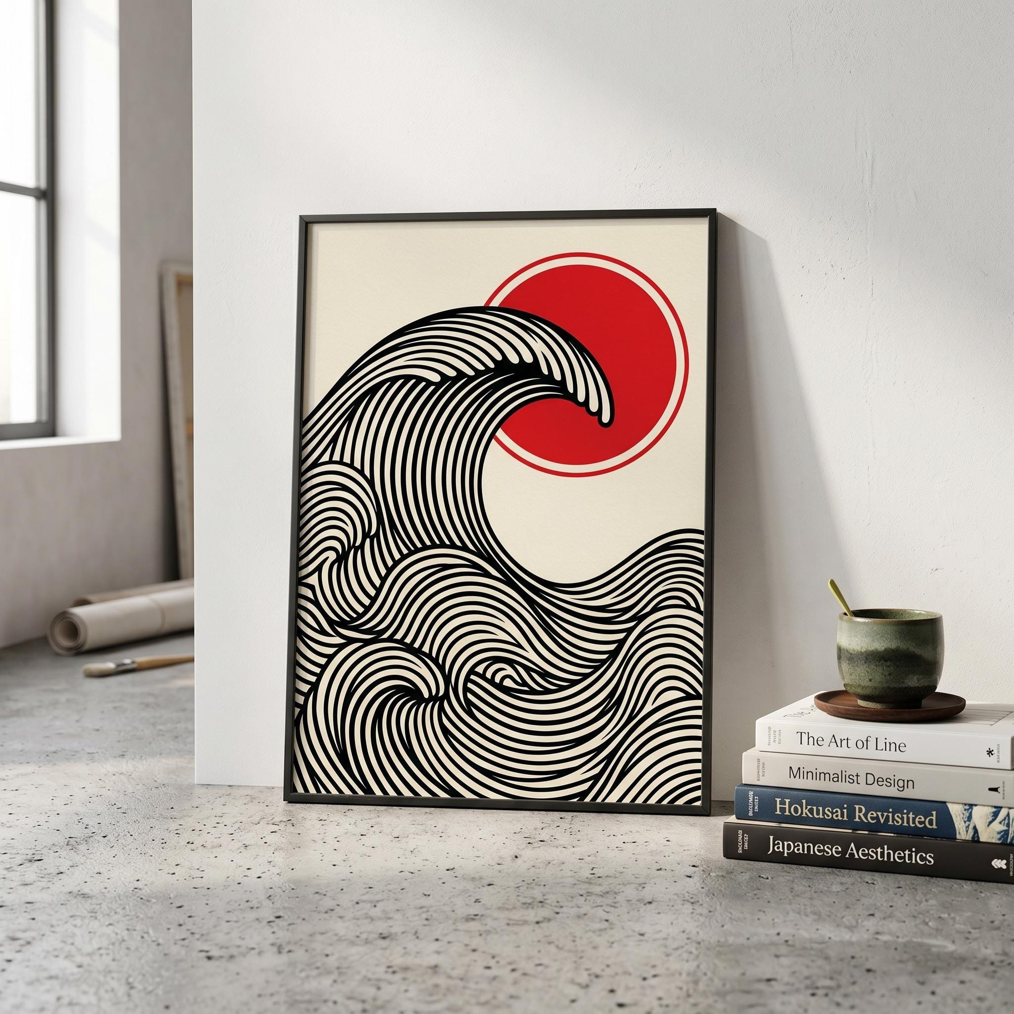 Affiche vague japonaise rouge et noir — art mural zen minimaliste-0