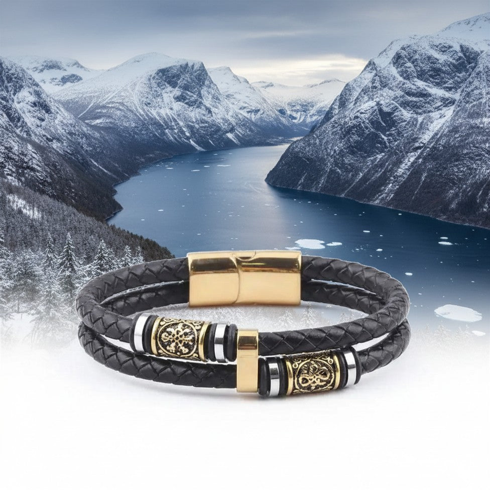 Bracciale Vichingo con Rune – Pelle Autentica e Acciaio Nordico