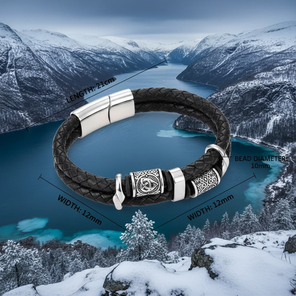 Bracciale Vichingo con Rune – Pelle Autentica e Acciaio Nordico