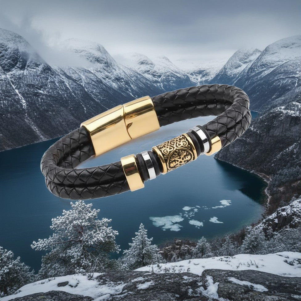 Bracciale Vichingo con Rune – Pelle Autentica e Acciaio Nordico
