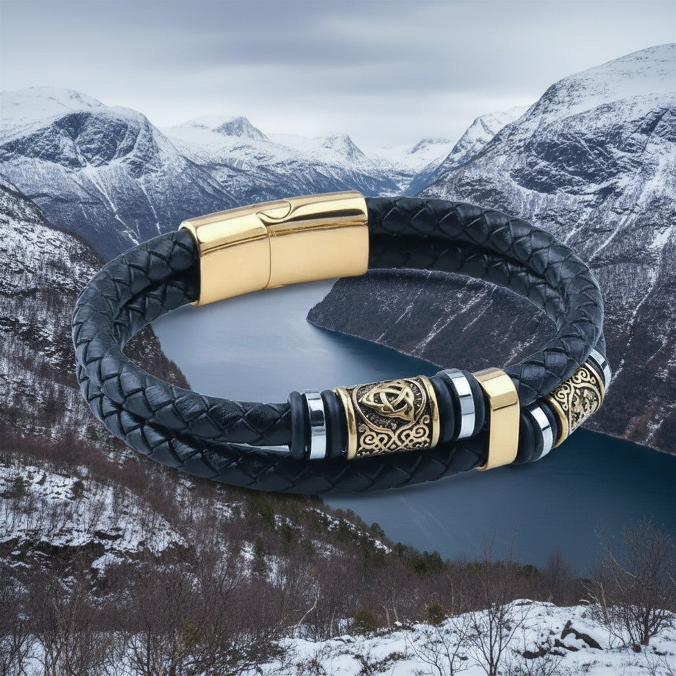 Bracciale Vichingo con Rune – Pelle Autentica e Acciaio Nordico
